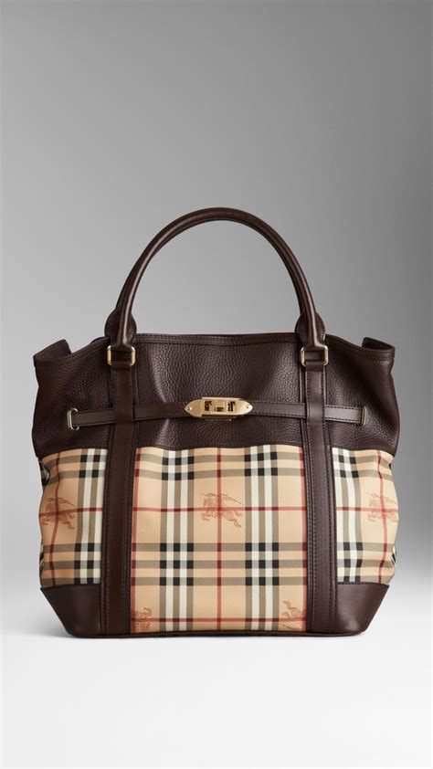 burberry medium leather haymarket check tote chocolate|Burberry haymarket check crossbody bag.